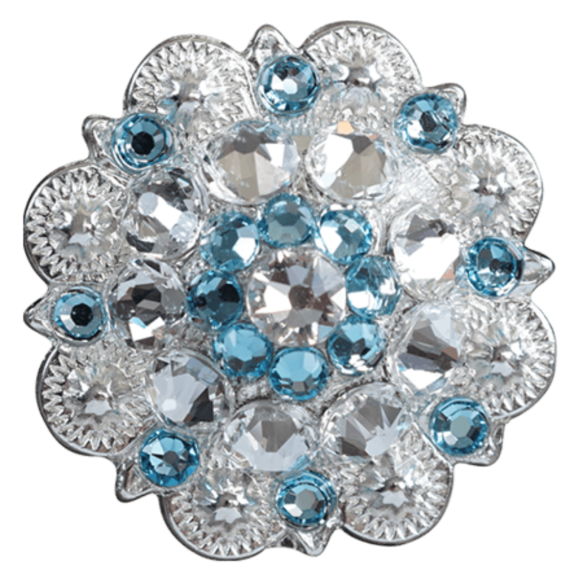 Bright Silver Aqua - Clear Crystal Conchos - Sizes from 1"- 3" and Buckles