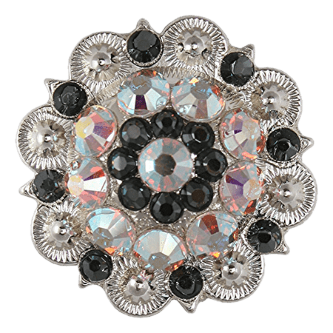 Bright Silver Jet &amp; AB Crystal Conchos - Sizes from 1"- 3" and Buckles