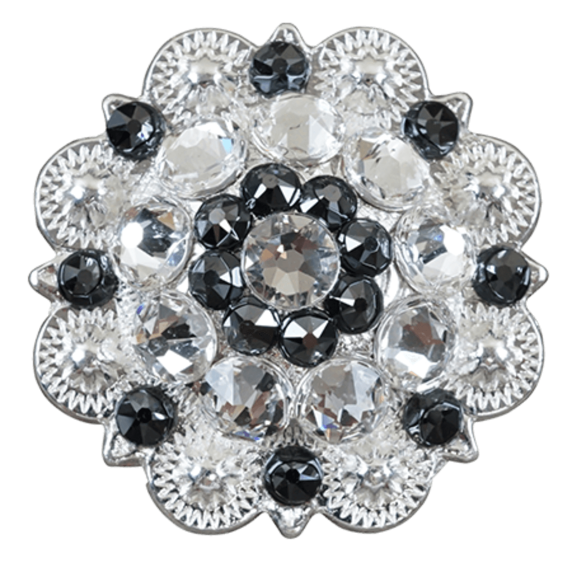 Bright Silver Jet &amp; Clear Crystal Conchos - Sizes from 1"- 3" and Buckles