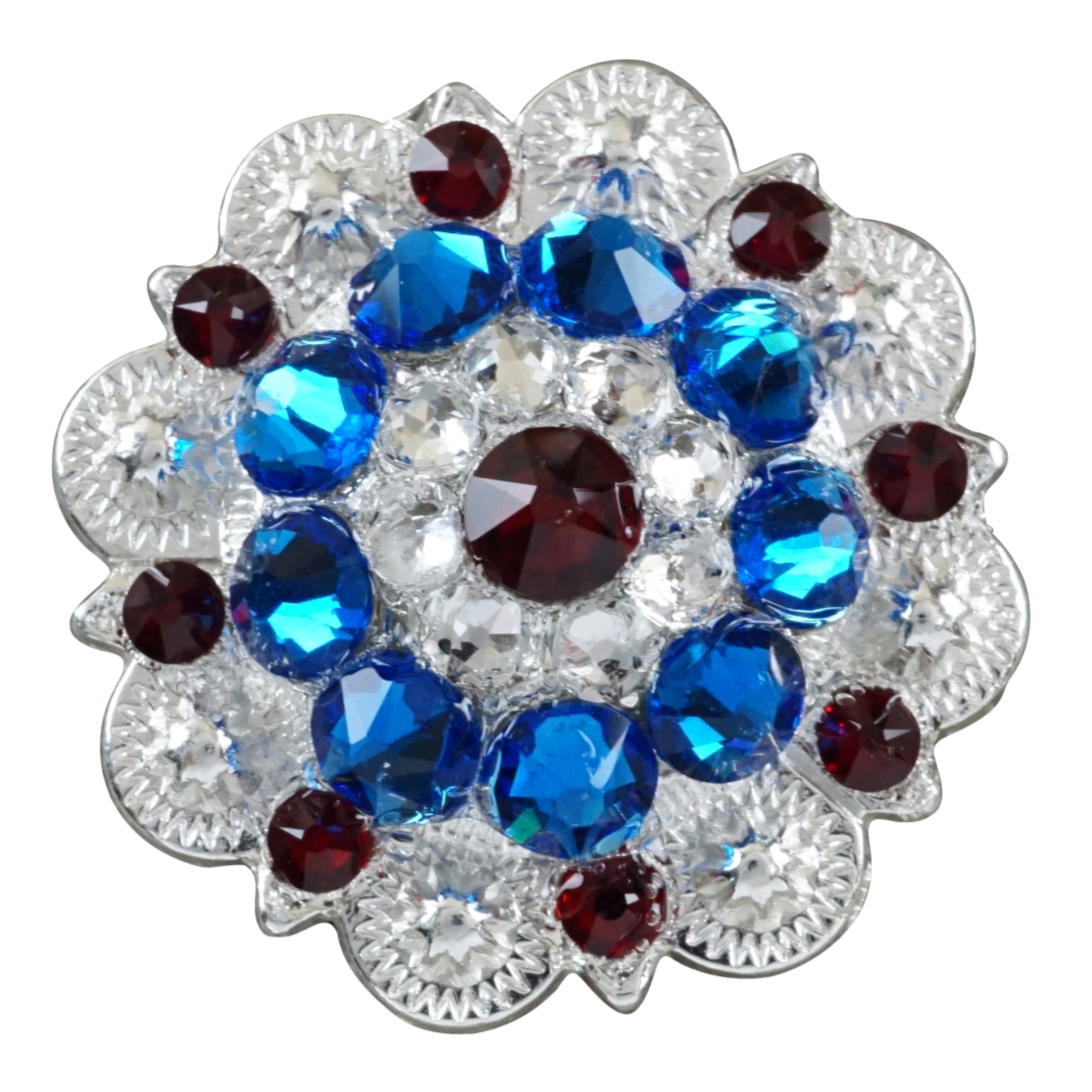 Bright Silver Red - White - Blue Crystal Conchos - Sizes from 1"- 3" and Buckles