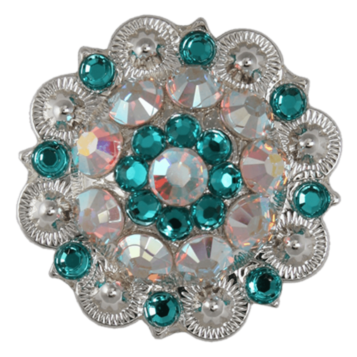 Bright Silver Teal &amp; AB Crystal Conchos - Sizes from 1"- 3" and Buckles