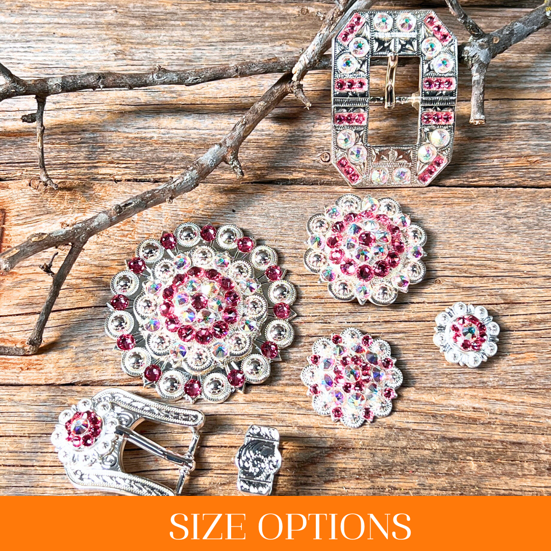 Bright Silver Pink &amp; AB Crystal Conchos - Sizes from 1"- 3" and Buckles