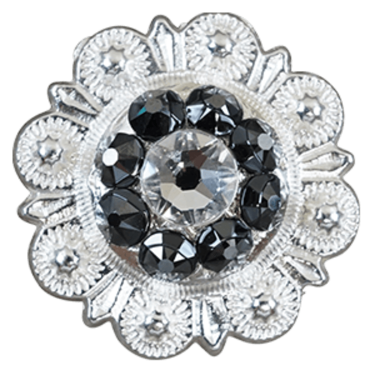 Bright Silver Jet &amp; Clear Crystal Conchos - Sizes from 1"- 3" and Buckles