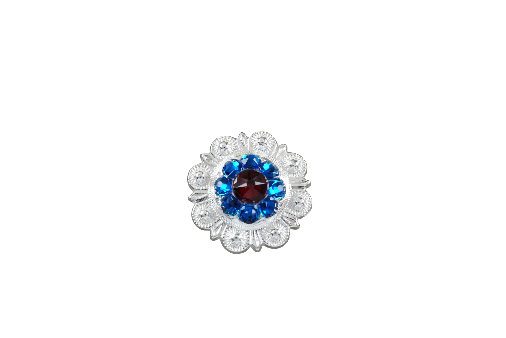 Bright Silver Red - White - Blue Crystal Conchos - Sizes from 1"- 3" and Buckles