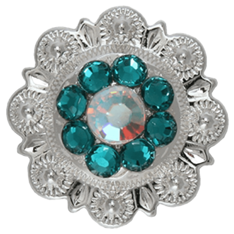 Bright Silver Teal &amp; AB Crystal Conchos - Sizes from 1"- 3" and Buckles