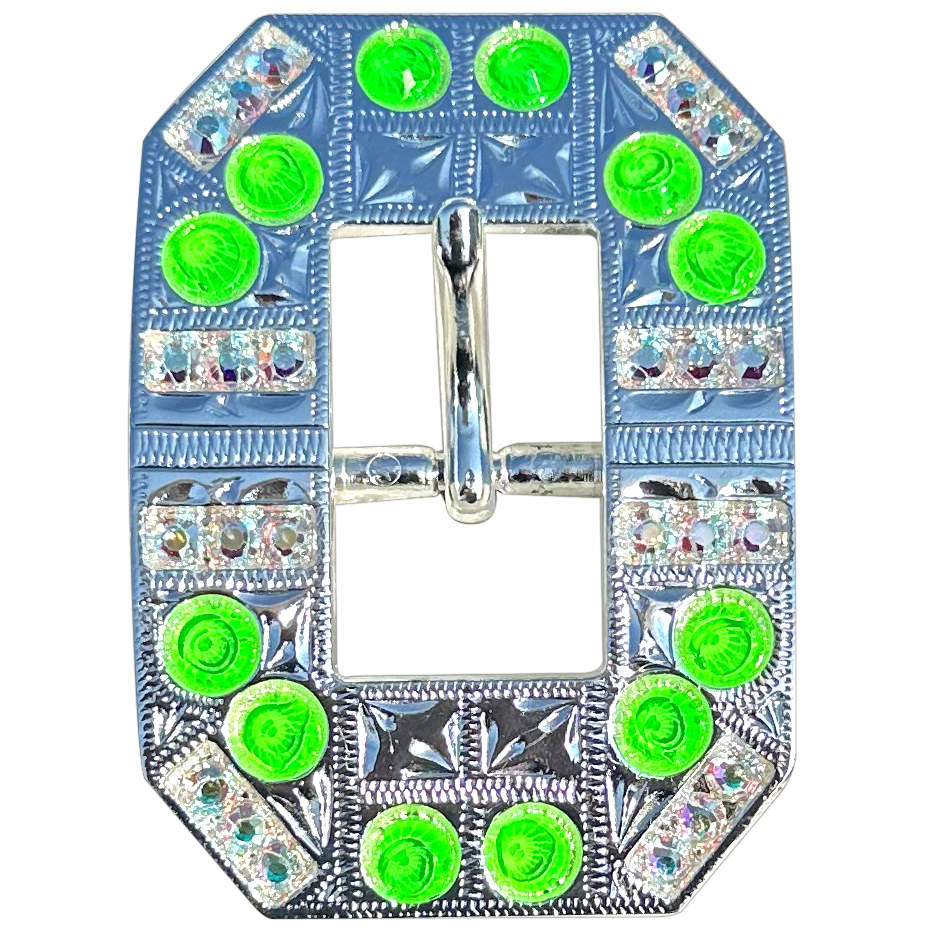 Neon Green and AB  Bright Silver European Crystal Square Cart Buckle