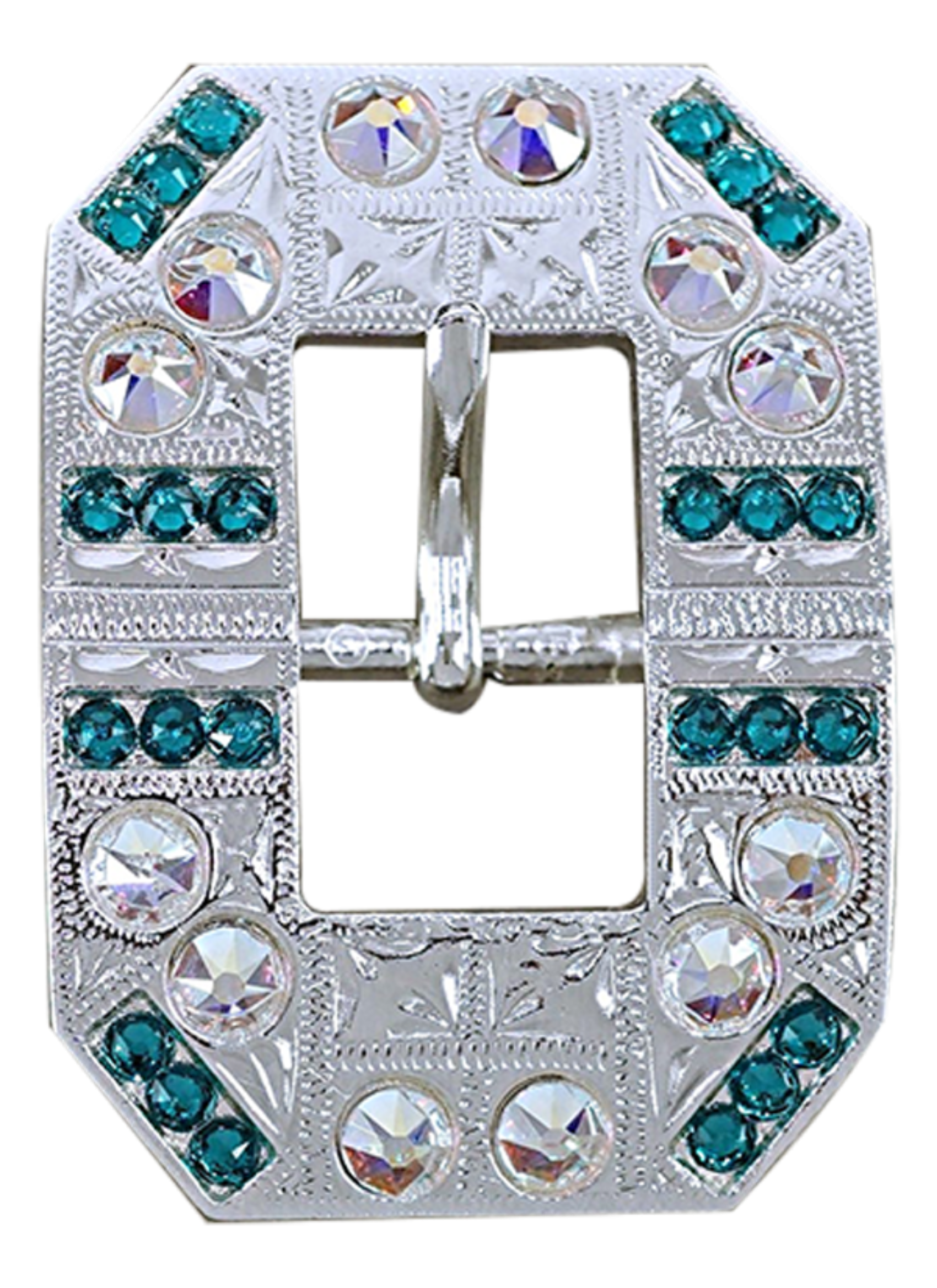 Bright Silver Teal &amp; AB Crystal Conchos - Sizes from 1"- 3" and Buckles