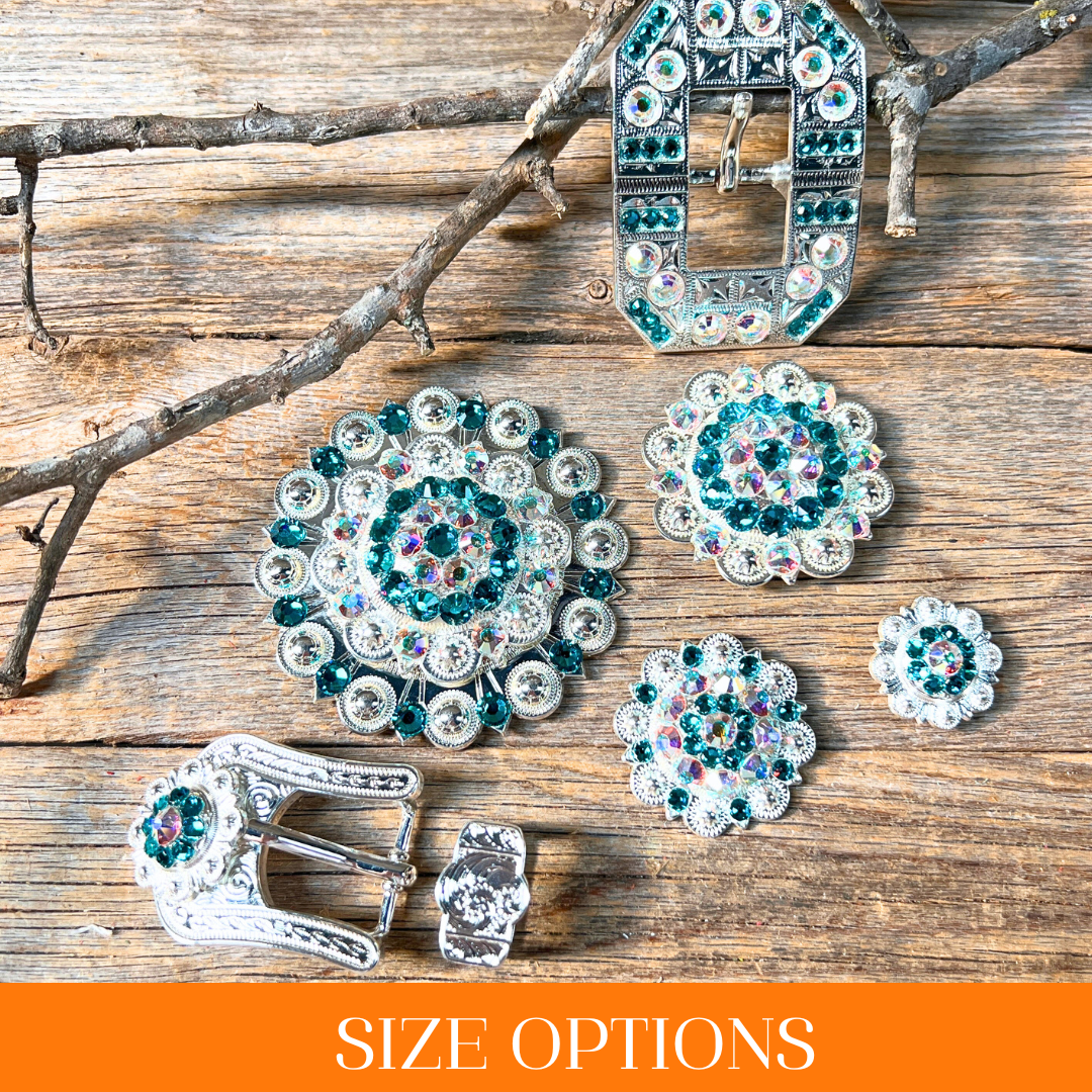 Bright Silver Teal &amp; AB Crystal Conchos - Sizes from 1"- 3" and Buckles