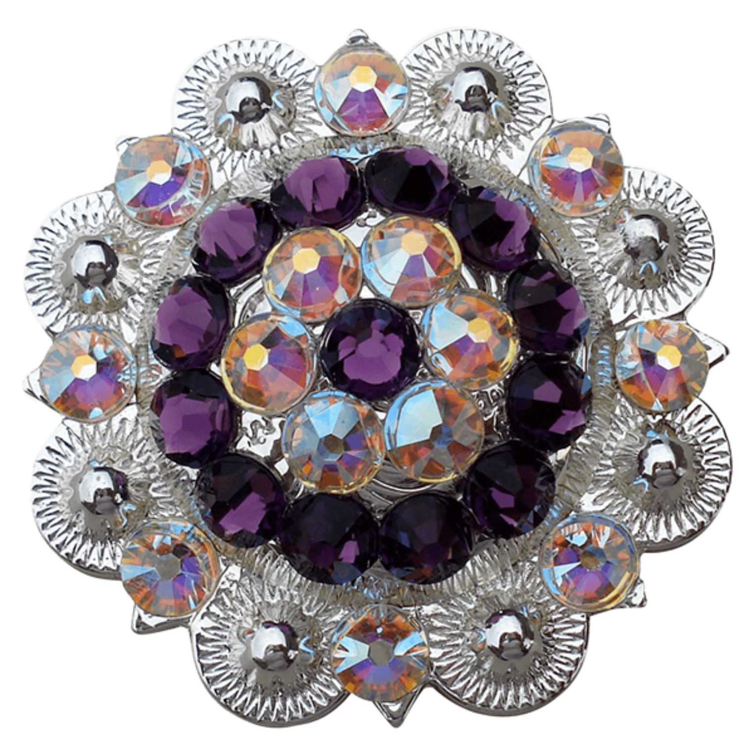 Bright Silver Purple &amp; AB Crystal Conchos - Sizes from 1"- 3" and Buckles