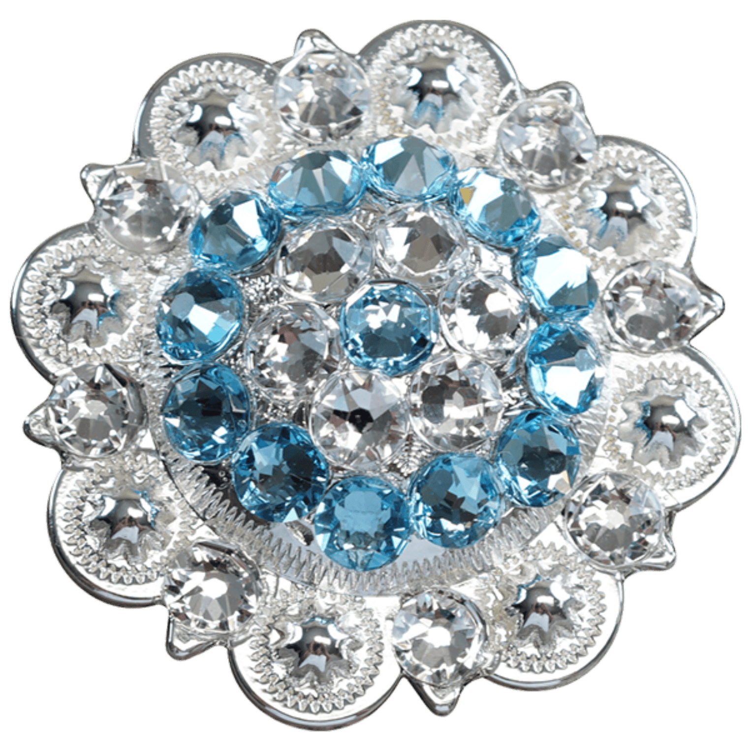 Bright Silver Aqua - Clear Crystal Conchos - Sizes from 1"- 3" and Buckles