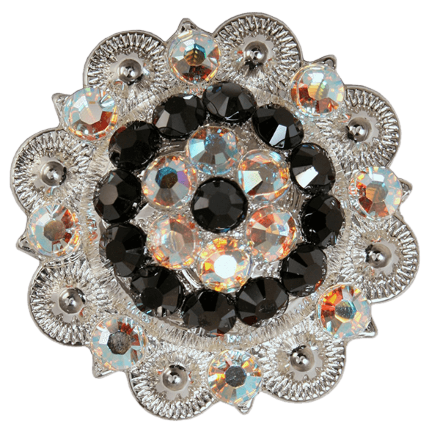 Bright Silver Jet &amp; AB Crystal Conchos - Sizes from 1"- 3" and Buckles