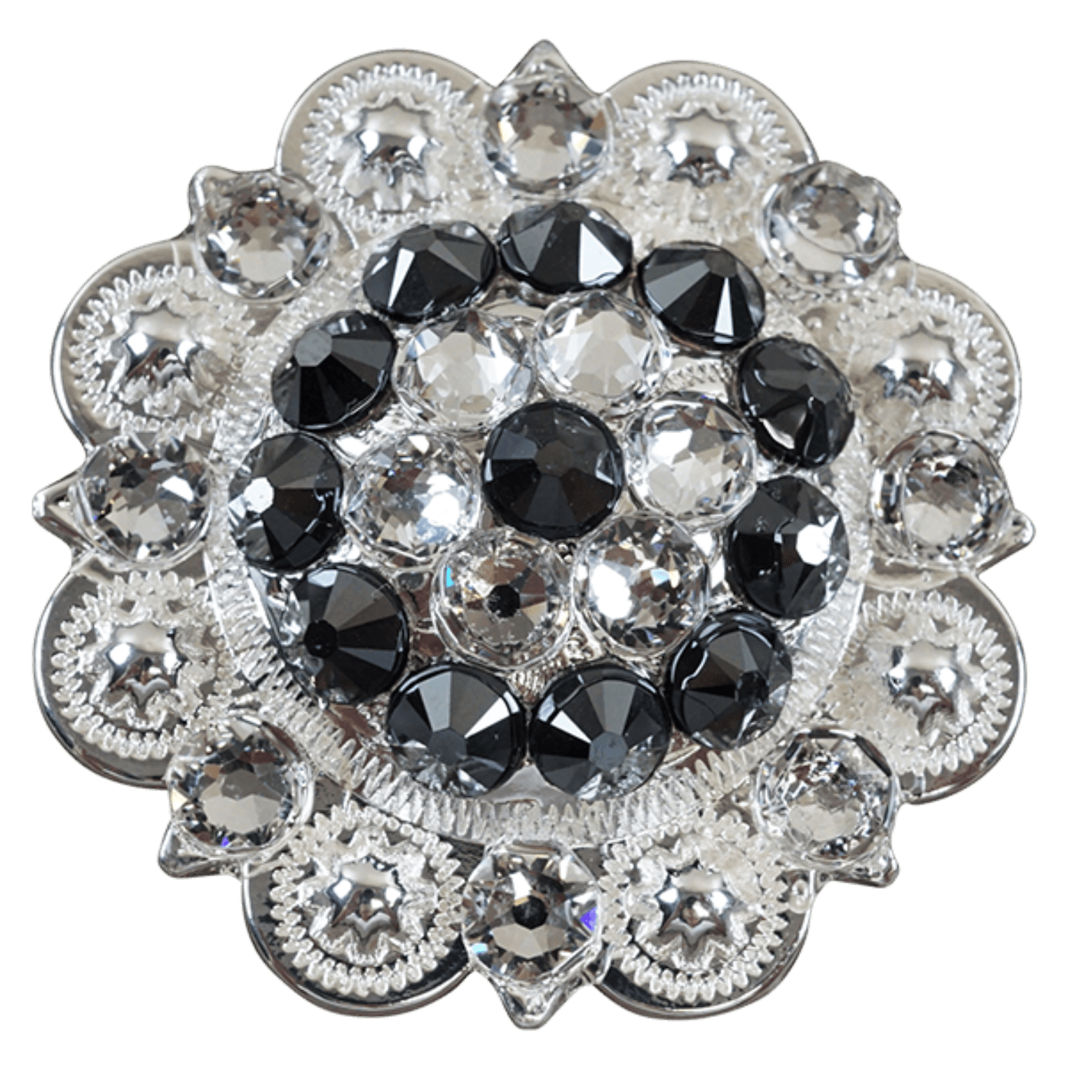 Bright Silver Jet &amp; Clear Crystal Conchos - Sizes from 1"- 3" and Buckles