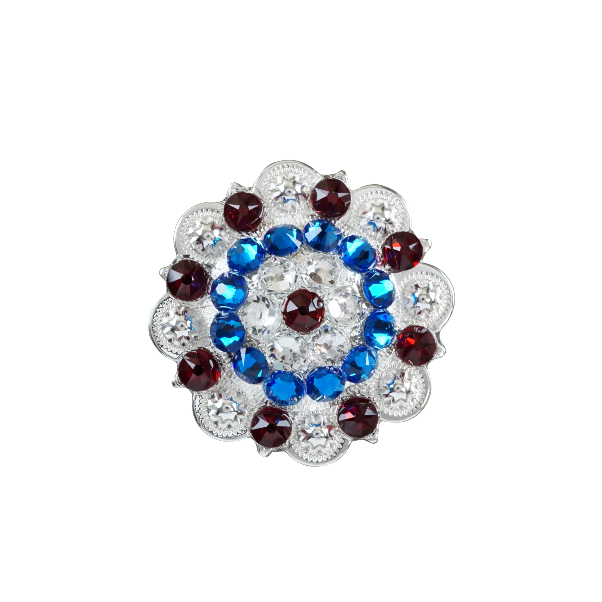 Bright Silver Red - White - Blue Crystal Conchos - Sizes from 1"- 3" and Buckles