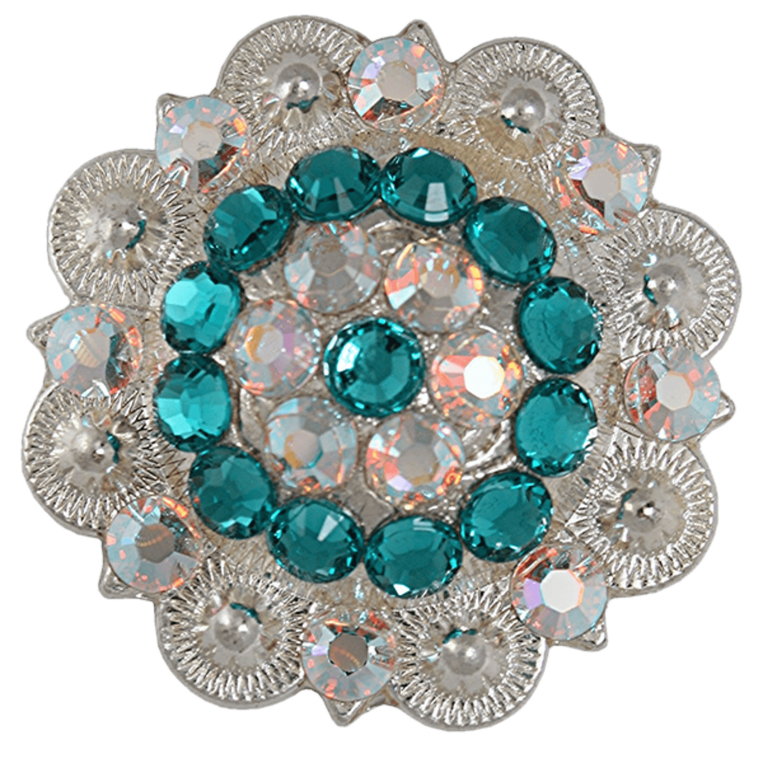 Bright Silver Teal &amp; AB Crystal Conchos - Sizes from 1"- 3" and Buckles