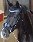 Premium Navy Patent Leather Snaffle Bridle With Removable Flash For Dressage Riding