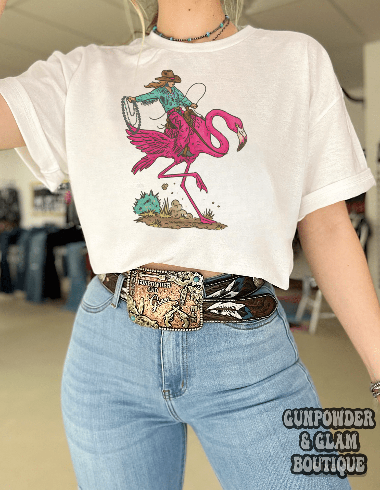 Cowgirl Flamingo Tee or Crewneck