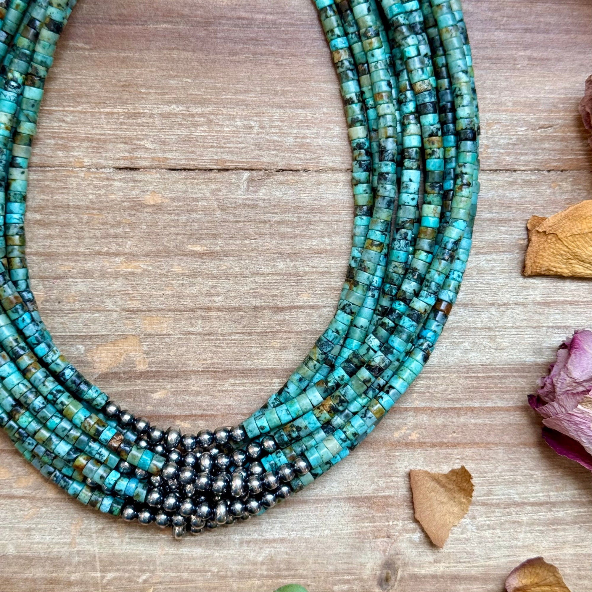 African Turquoise Heishi &amp; Sterling Silver Pearl Necklace