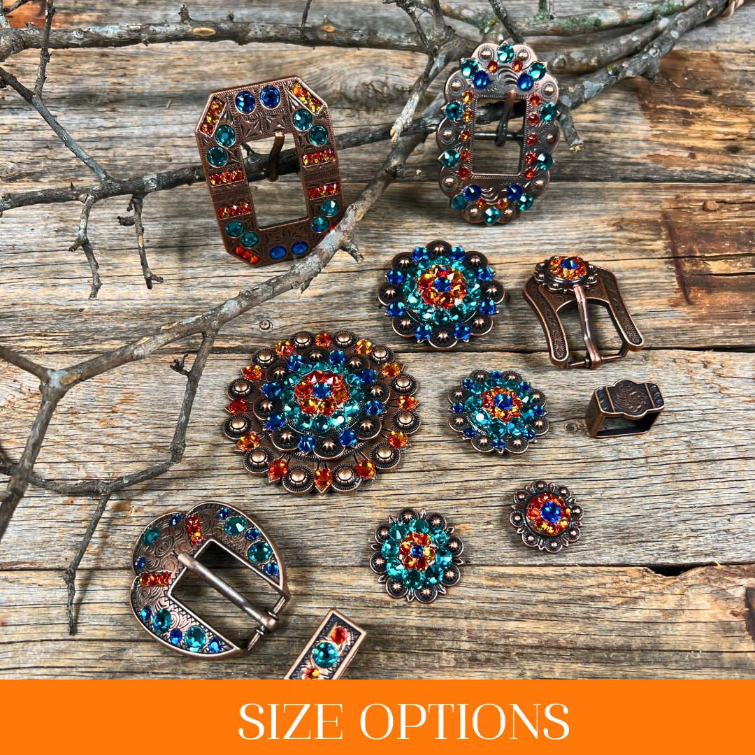 Copper Capri - Fire Opal - Teal - Crystal Conchos Sizes from 1"-3" and Buckles