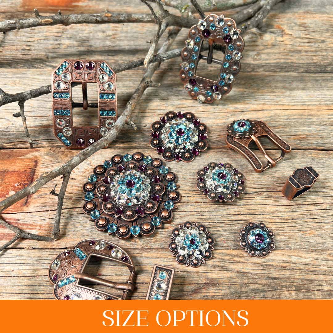 Copper Amethyst, Aqua, Clear Crystal Conchos Sizes from 1"-3" and Buckles