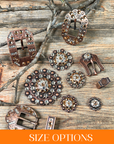Copper Champagne, Clear Crystal Conchos Sizes from 1"-3" and Buckles