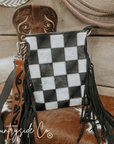 Checkered Cowhide Fringe Purse With Suede Fringe And Leather Strap