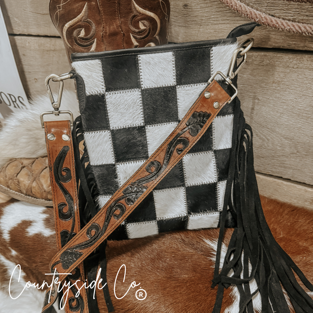 Checkered Cowhide Fringe Purse With Suede Fringe And Leather Strap