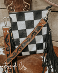 Checkered Cowhide Fringe Purse With Suede Fringe And Leather Strap