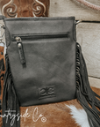 Checkered Cowhide Fringe Purse With Suede Fringe And Leather Strap