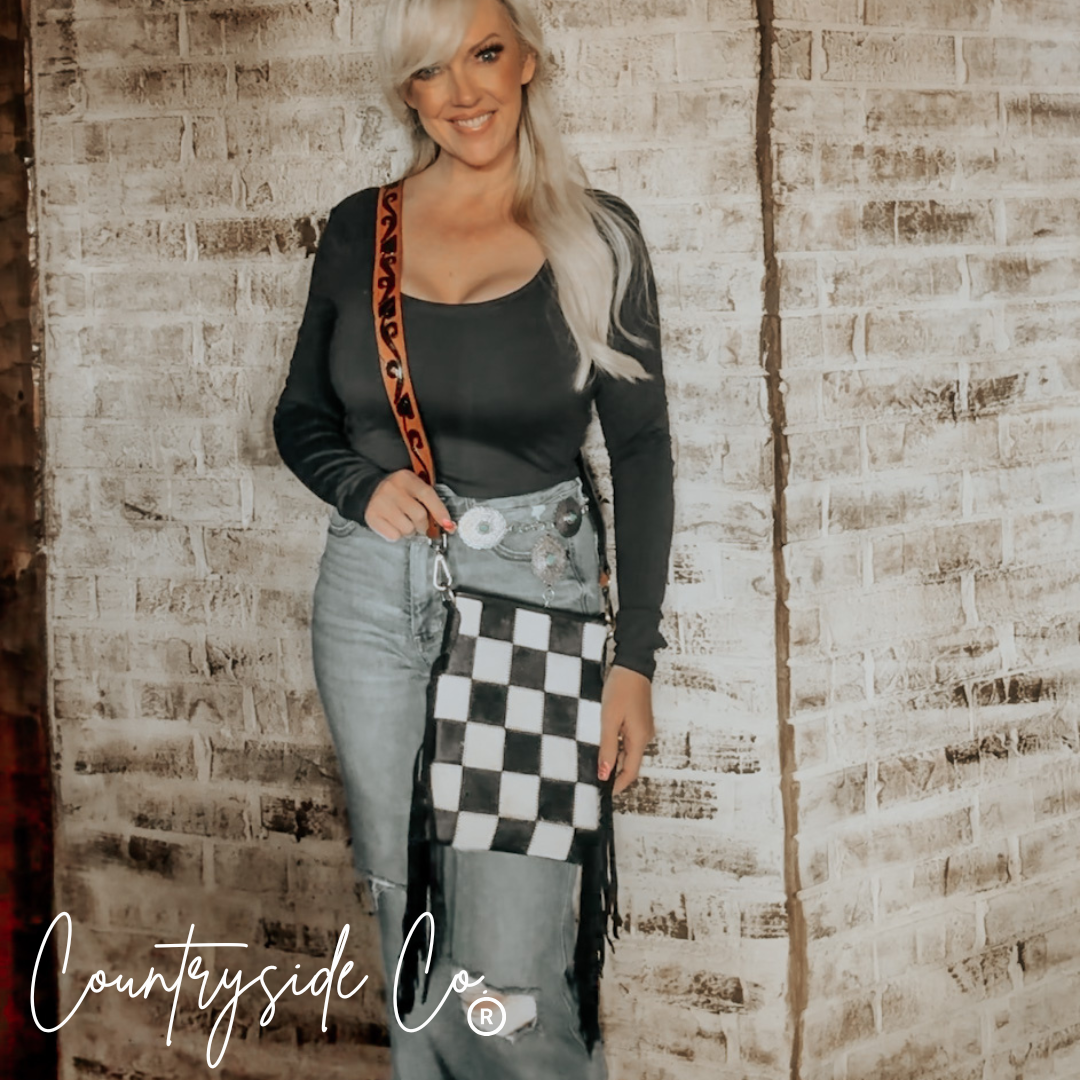 Checkered Cowhide Fringe Purse With Suede Fringe And Leather Strap