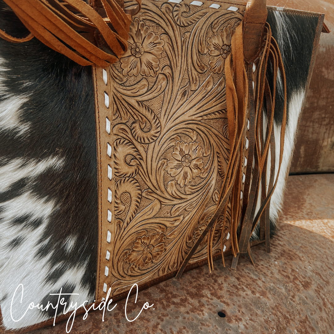 Jesse Cowhide and Tooled Leather Tote Purse by Countryside Co.