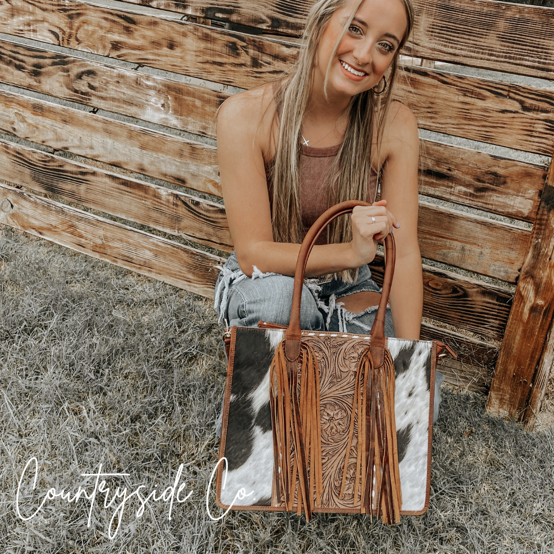 Jesse Cowhide and Tooled Leather Tote Purse by Countryside Co.