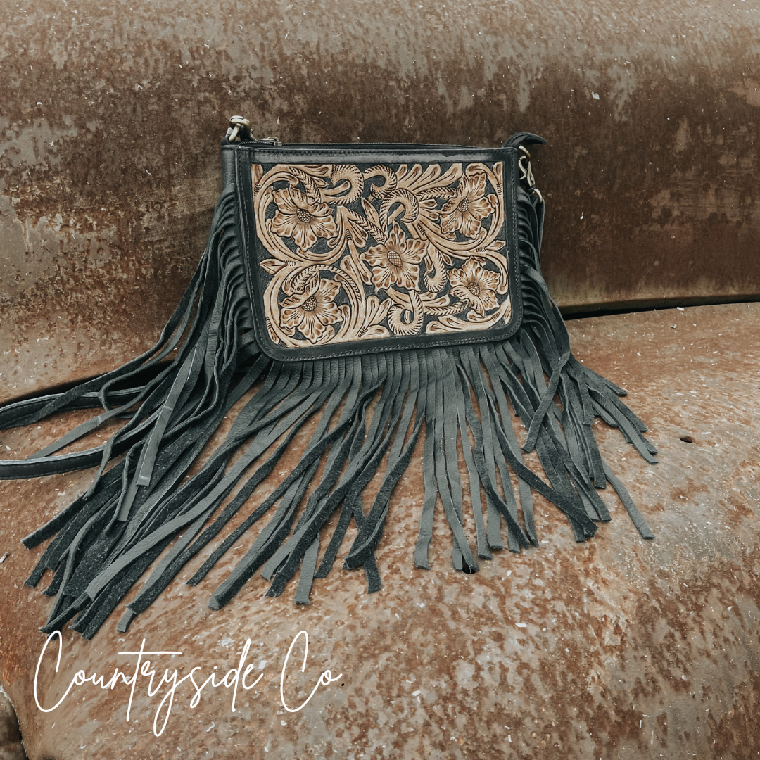 Western-Inspired Hand-Tooled Leather Purse With Fringed Edges And Detachable Strap