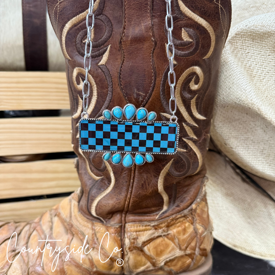 Checkered Turquoise &amp; Black Statement Necklace