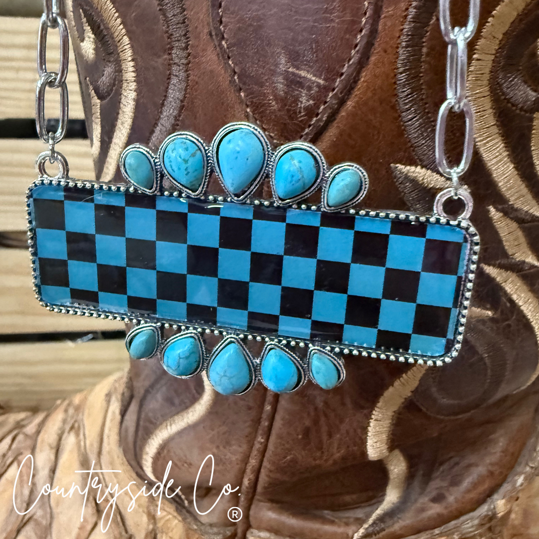 Checkered Turquoise &amp; Black Statement Necklace