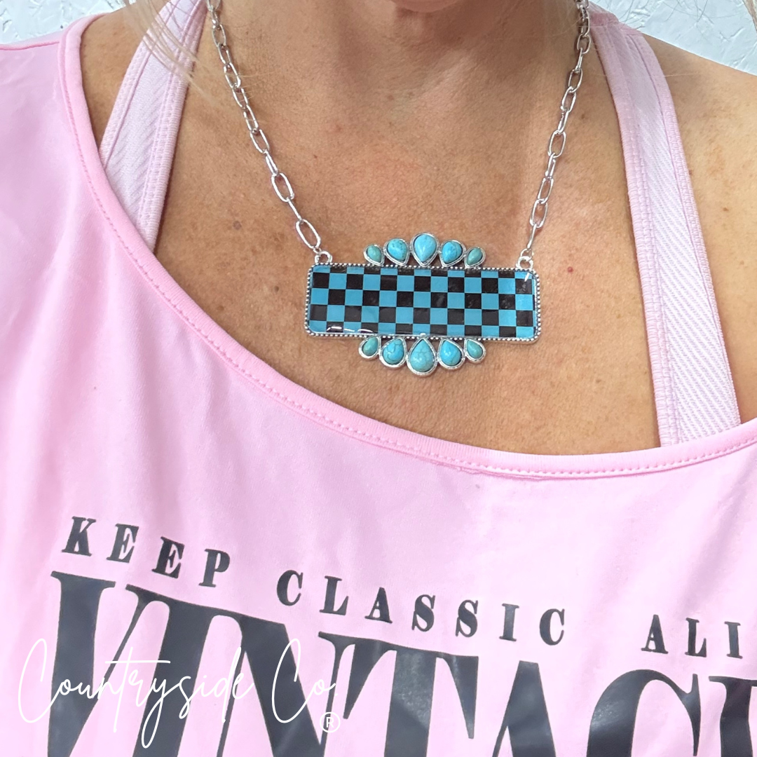 Checkered Turquoise &amp; Black Statement Necklace
