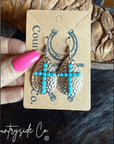 Lightweight Hammered Silver Cross Dangle Earrings With Faux Turquoise Accents Casual
