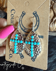 Lightweight Hammered Silver Cross Dangle Earrings With Faux Turquoise Accents Casual