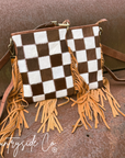 Dixie Checkered Cowhide Fringe Purse