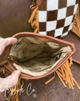 Dixie Checkered Cowhide Fringe Purse