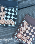 Checkered Tooled Leather Credit Card Holder