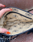 Western-Inspired Hand-Tooled Leather Purse With Fringed Edges And Detachable Strap