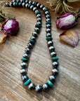 NFR Collection Necklace – 14mm Sterling Silver Pearls with 16mm Green Turquoise Rondelles –  28.5"