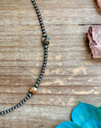 Kids necklace - 13” Turquoise & Spiny Oyster Necklace – 3–4mm Sterling Silver Pearls