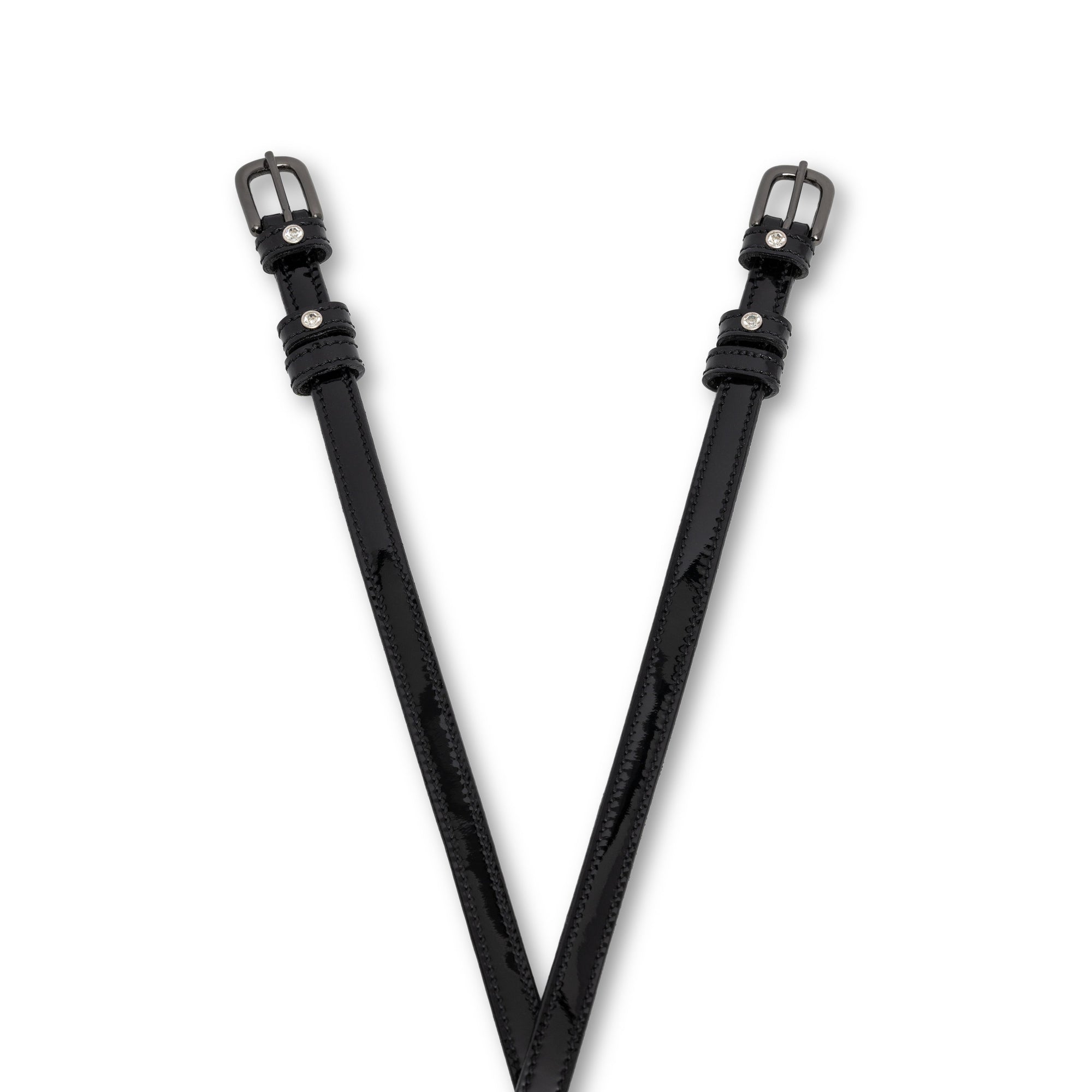 Showstopper Black Patent Leather &amp; Clear Crystal Rivet Spur Straps