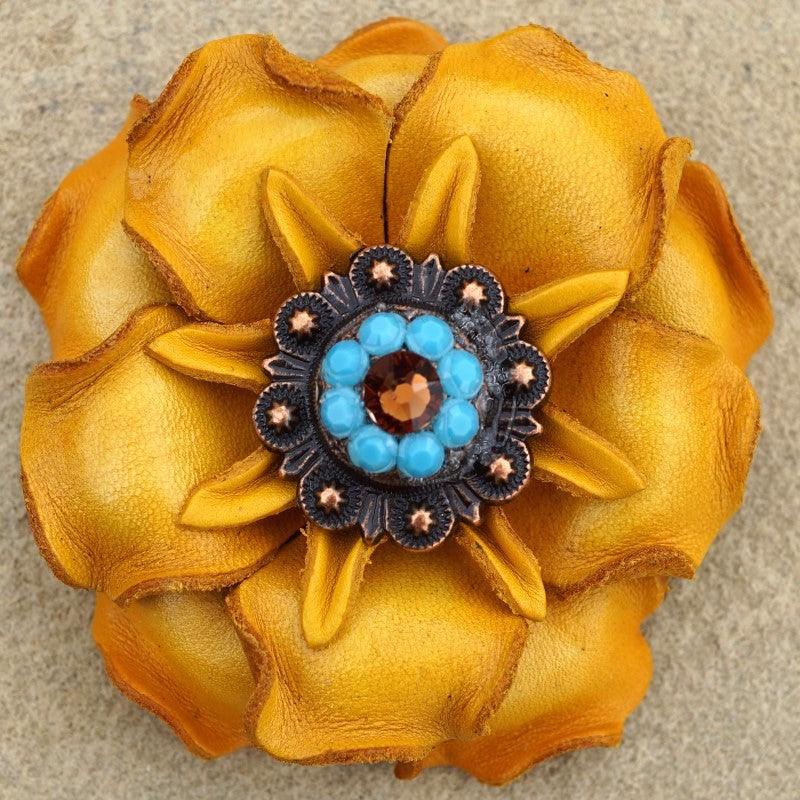 Yellow Gardenia Flower With Copper Topaz &amp; Turquoise 1" Concho