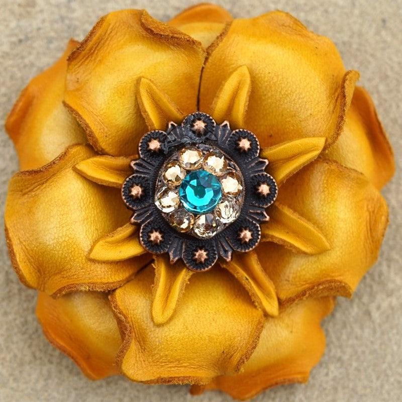 Yellow Gardenia Leather Flowers - 1" Crystal Conchos - Options