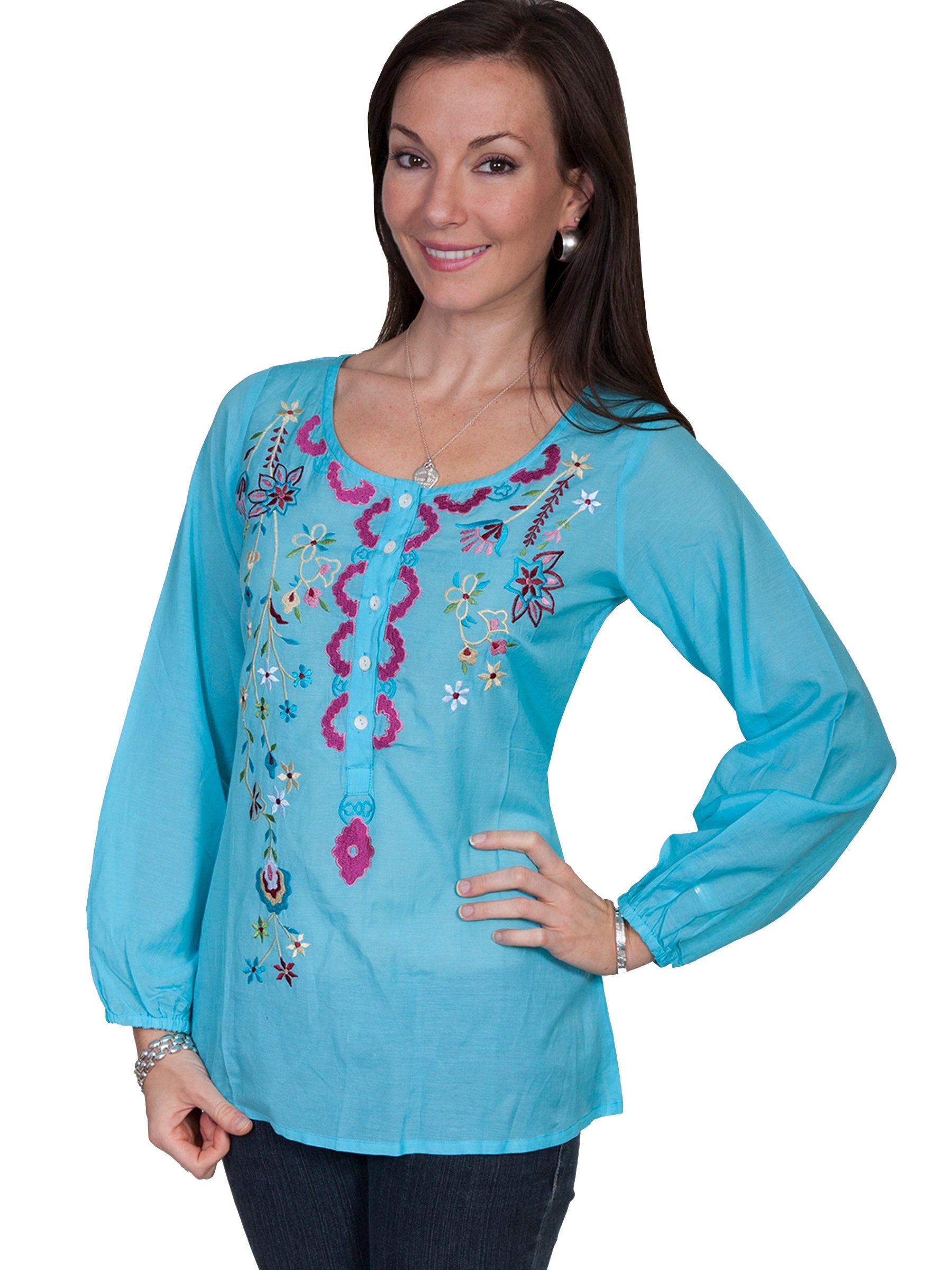 L/s Button Up Peasant Blouse W/emb - E103