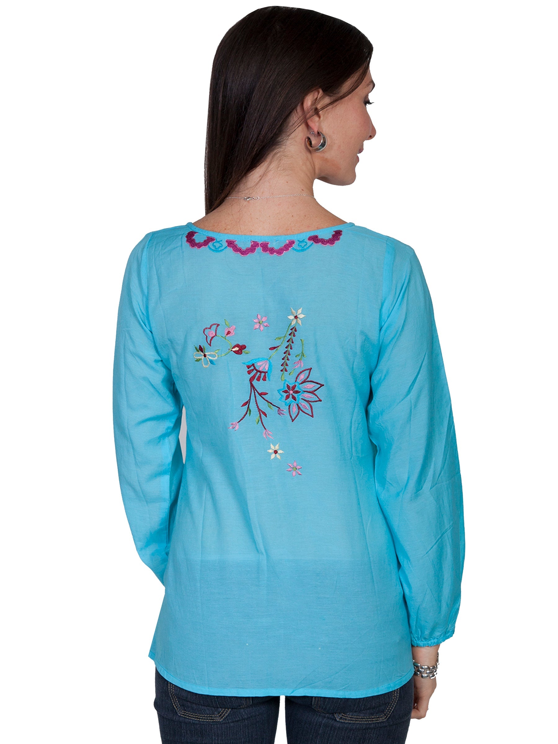 L/s Button Up Peasant Blouse W/emb - E103