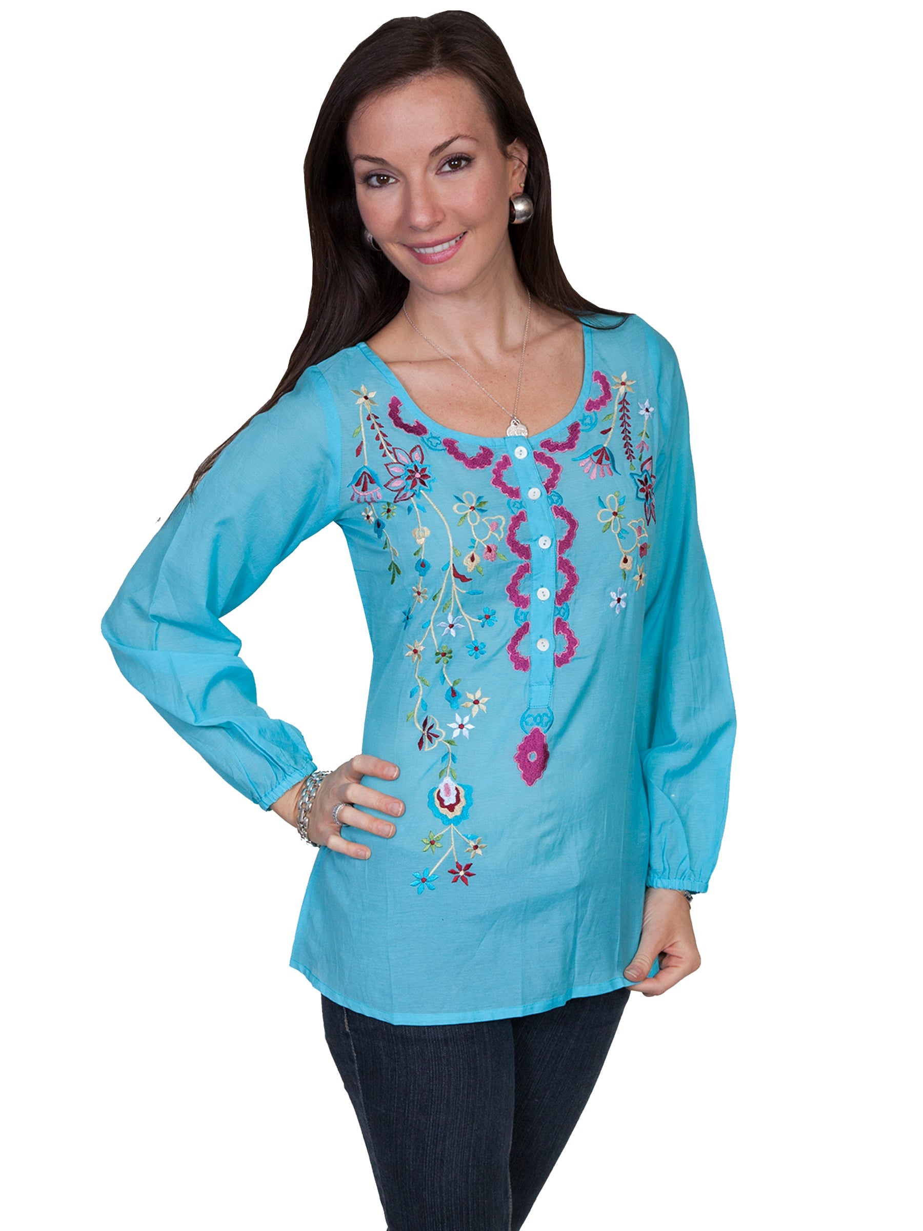 L/s Button Up Peasant Blouse W/emb - E103