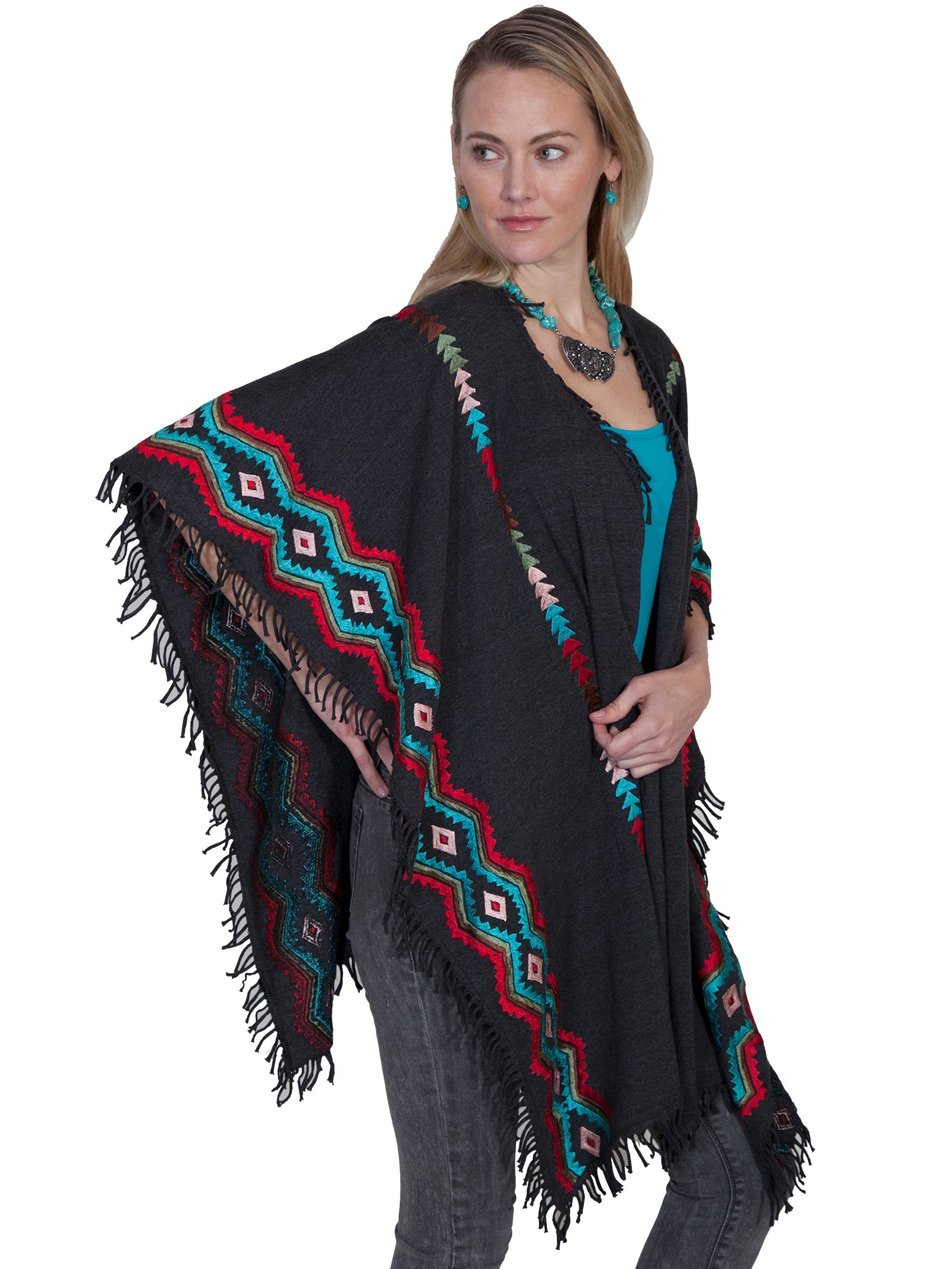 Embroidered Wrap W/fringe - E239